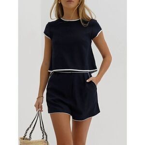 Commense Chic Black Cotton Two-Piece Set Crop Top and‎ Shorts Casual Outfit M